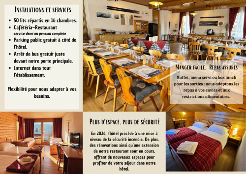 Hôtel La Tour d'Aï Leysin : salle à manger, chambre d'hôte et aperçu des équipements