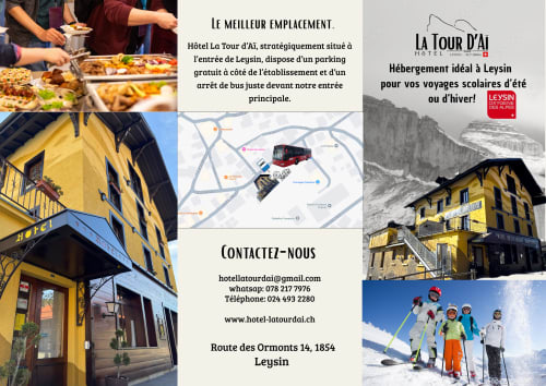 Hôtel La Tour d'Aï Leysin : restaurant, façade jaune, carte de localisation, vues montagnardes et activités de ski.