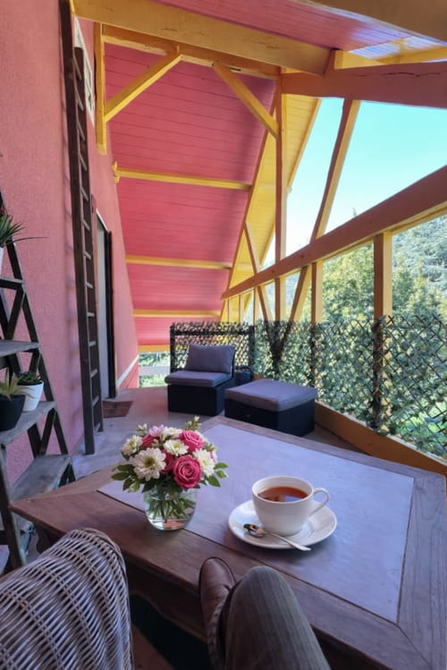 Terrasse ensoleillée du cottage La Maison Joséphine aux murs roses, poutres jaunes, fleurs fraîches, tasse de café et vue sur le jardin