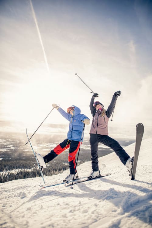 Deux skieurs célèbrent au sommet au-dessus de Leysin avec pics enneigés et vallées forestières en contrebas