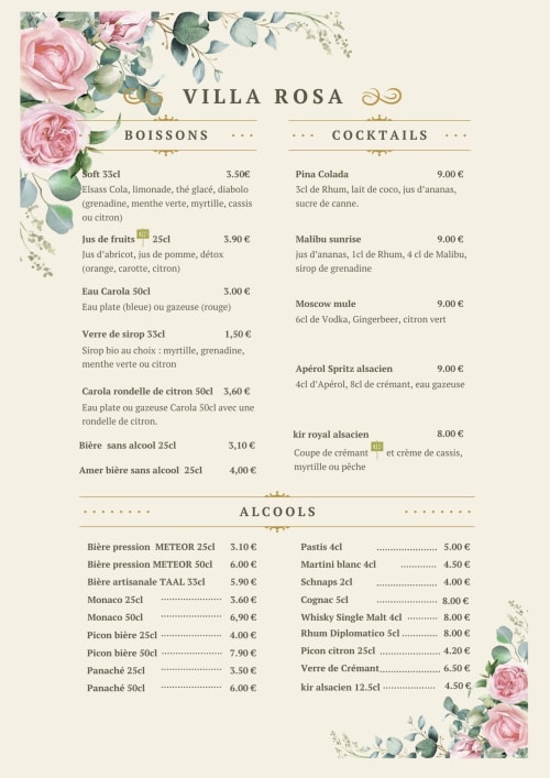 Carte des boissons de Villa Rosa Trois Épis : cocktails, vins, bières et spiritueux avec décor floral