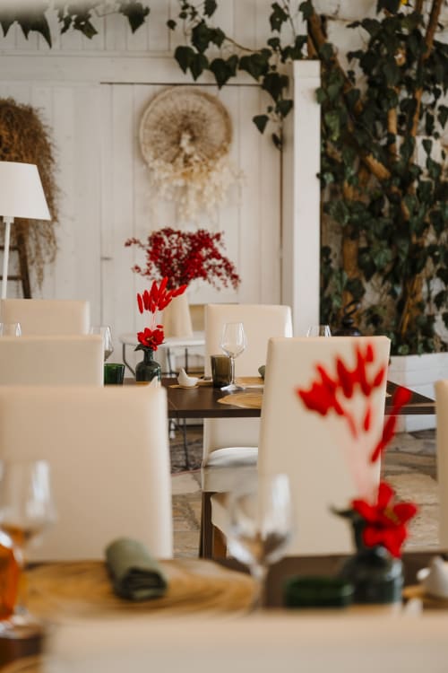 Elegante sala da pranzo di Villa Ceci con sedie color crema, fiori rossi, piante sospese e decorazioni bianche ad Andria
