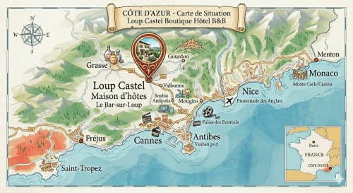 Lageplan der Côte d'Azur mit dem Loup Castel Boutique Hotel B&B in Le Bar-sur-Loup zwischen Cannes und Nizza