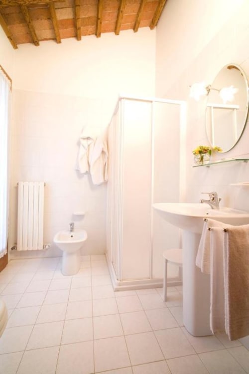 Bagno luminoso presso Agriturismo Villa Mocenigo con lavabo a piedistallo bianco, bidet, WC, specchio e doccia