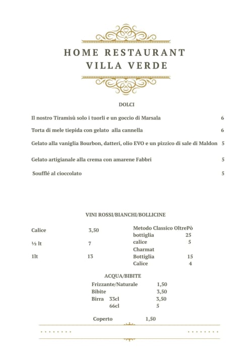 Menu du restaurant Villa Verde avec desserts et boissons à Bressana