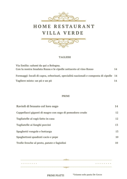 Menu du restaurant Villa Verde présentant les pâtes italiennes et charcuteries de Bressana, Pavie