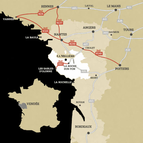 Carte localisant La Millière en Vendée, France avec trajets routiers vers Nantes, Rennes et Poitiers via N249, N149, N60