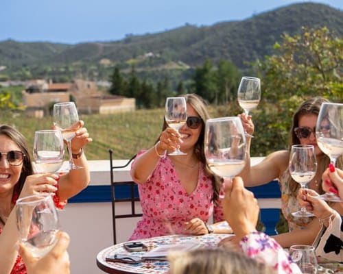 Mulheres brindando com taças de vinho branco em Luso Soul Stays, Albufeira, com vista para as colinas de vinhedos