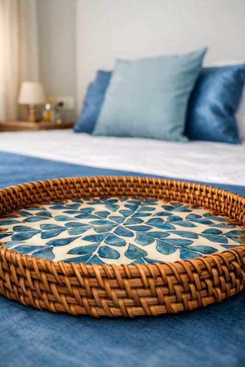Plateau tressé motif feuilles bleues sur le lit de la chambre twin de l'hôtel Cybade Phu Quoc, avec oreillers et lampe