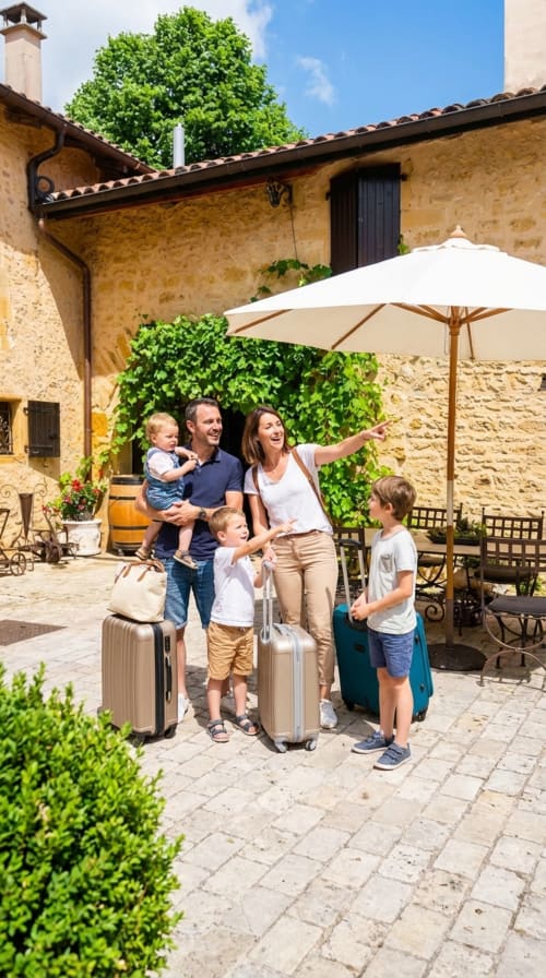Famille avec bagages à la cour du Clos Des Anges à Bagnols, France, prête pour les vacances