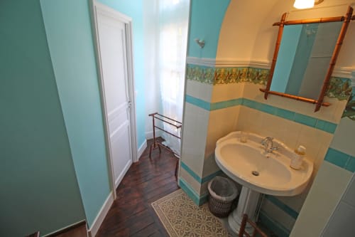 Bathroom at Domaine de Bort B&B in Saint-Priest-Taurion with turquoise walls, curved sink, mirror, and wooden floor