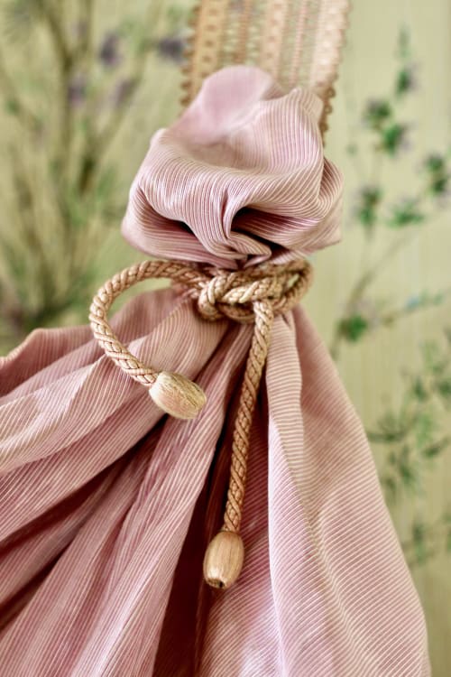 Pink linen curtain with gold rope tie-back at Domaine de Bort near Limoges, La Chambre Mauve room