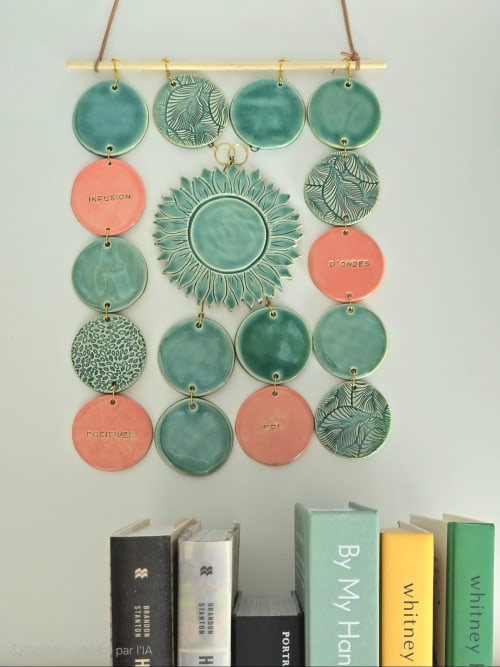 Décoration murale en céramique artisanale aux cercles bleu-vert et corail à la Maison d'hôtes Bois De Luna à Cunlhat, France