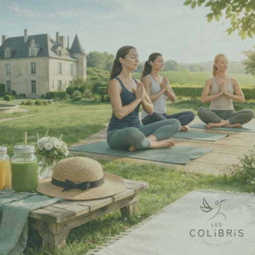 Three women practicing yoga on mats in front of a French château with green fields at Les Colibris wellness studio, Le Mans