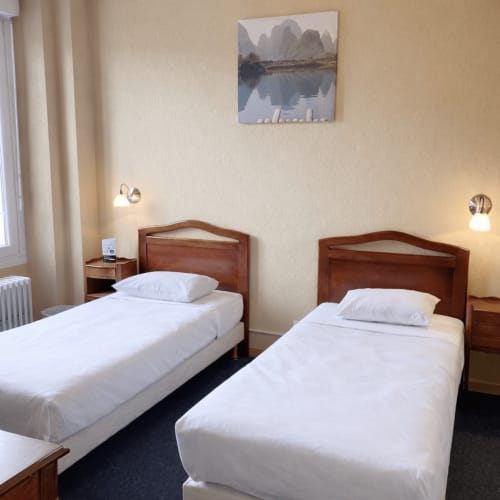 Twin bedroom at Hotel de Champagne in Saint-Dizier with two single beds, wooden headboards, and landscape artwork