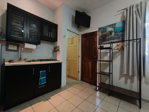 Cocina moderna negra equipada en apartamento Pet Friendly Villita Puebla en Casa Punta Perula, Punta Perula
