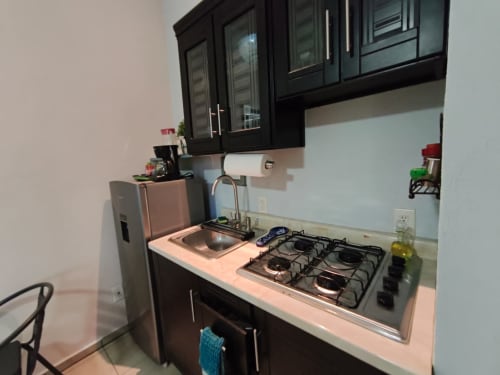 Moderna cocineta con estufa a gas, fregadero y electrodomésticos de acero inoxidable en Casa Punta Perula, Punta Perula, México