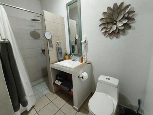 Baño moderno en la villa Villita Puebla de Casa Punta Perula con tocador, inodoro, ducha y arte decorativo en la pared
