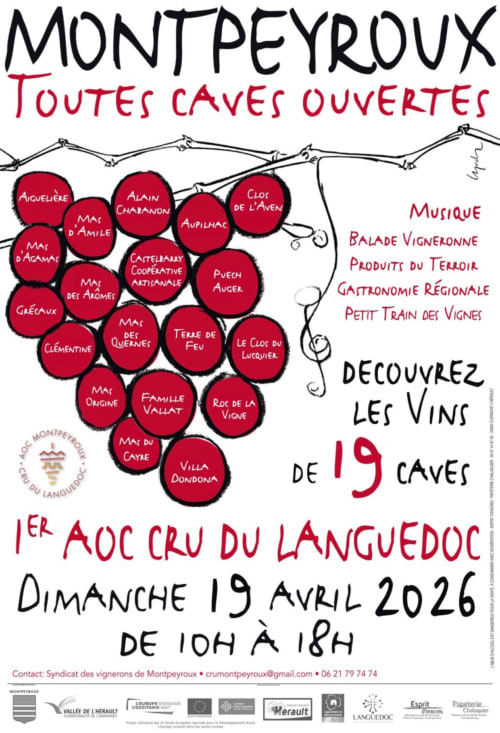Affiche du festival viticole de Montpeyroux présentant 19 caves locales ouvertes à la dégustation le 19 avril 2026