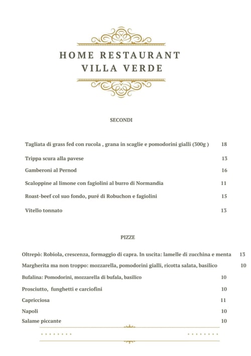 Menu du restaurant Villa Verde présentant les secondi italiens et pizzas à Bressana, PV