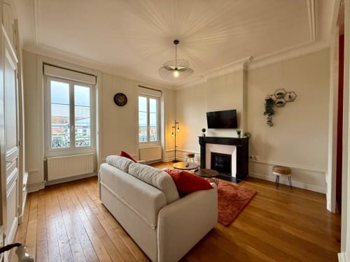 Spacieux appartement haussmannien au 48 à Roanne avec canapé crème, cheminée, TV et vue sur la ville