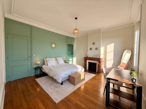 Spacieuse chambre haussmannienne au 48 à Roanne avec porte turquoise, parquet et cheminée