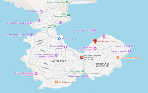 Mapa de Acapulco con Marina Santa Lucía y playas, sitios de interés y atracciones alrededor de la península Las Playas.