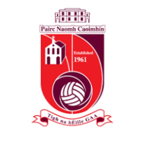 Páirc Naomh Caoimhín GAA club crest with red and maroon shield, established 1961, Wicklow