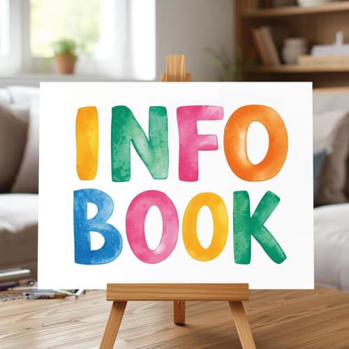Colorato cartello 'INFO BOOK' su cavalletto in legno nel soggiorno moderno di Dimore Salentine, Lecce
