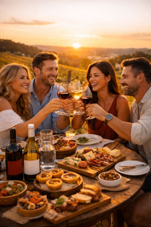 Quatro amigos brindando com taças de vinho no jantar ao pôr do sol em vinhedo perto de Albufeira, Portugal