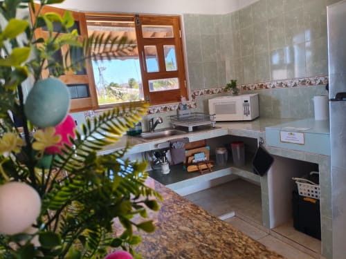 Cocina luminosa en Casa Punta Perula con ventana de madera, electrodomésticos blancos y plantas en macetas con vistas a Punta Perula