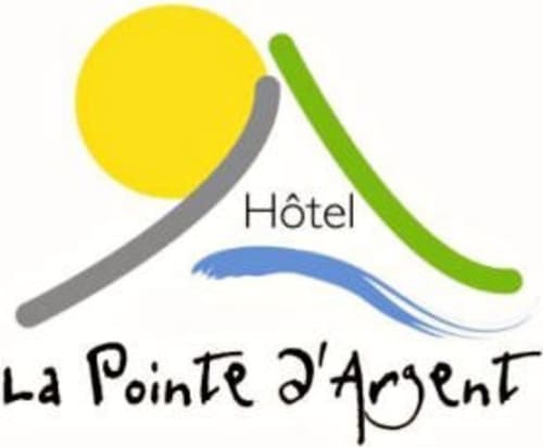 Logo de l'hôtel La Pointe D'Argent avec soleil jaune, courbes vertes et bleues, Pointe-Noire