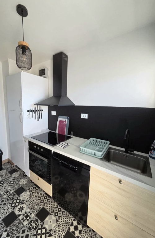 Cuisine moderne de l'appartement Le Sympa à NN Patrimoine, Douvaine, avec hotte noire, évier inox et carrelage à motifs