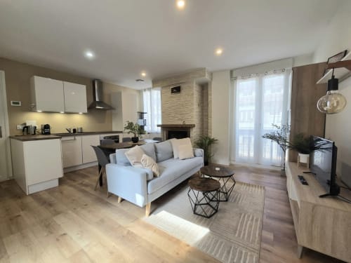 Appartement contemporain ouvert chez NN Patrimoine Douvaine avec cuisine, séjour, cheminée et vue sur le lac