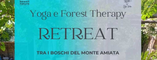 Cartello del ritiro di Yoga e Forest Therapy presso Podere di Maggio a Santa Fiora, circondato da vegetazione verde