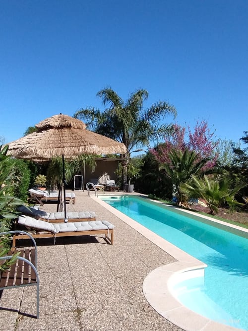 MontePico garden view pool area with loungers, thatched gazebo, and tropical plants under clear sky