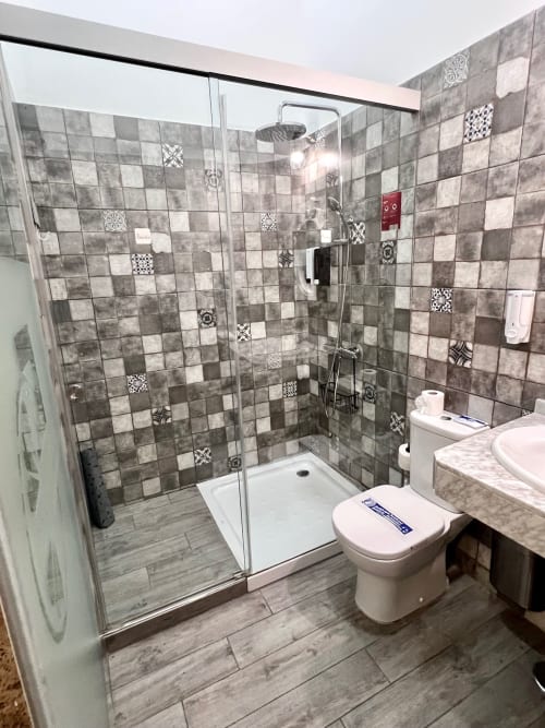 Modern bathroom with gray tiled shower, white toilet, and sink at Hotel The Cathedral Vegueta in Las Palmas