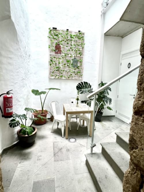 Pasillo moderno del Hotel The Cathedral en Las Palmas con plantas en macetas, mesa de madera, sillas blancas y pared viva