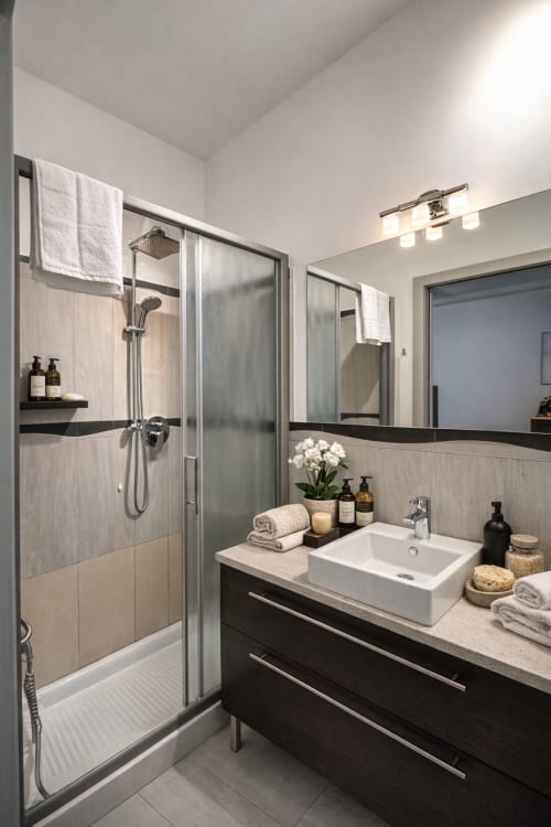 Modern bathroom at HBhall Navigli 15 Milano with walk-in shower, marble sink, black vanity, and quality amenities