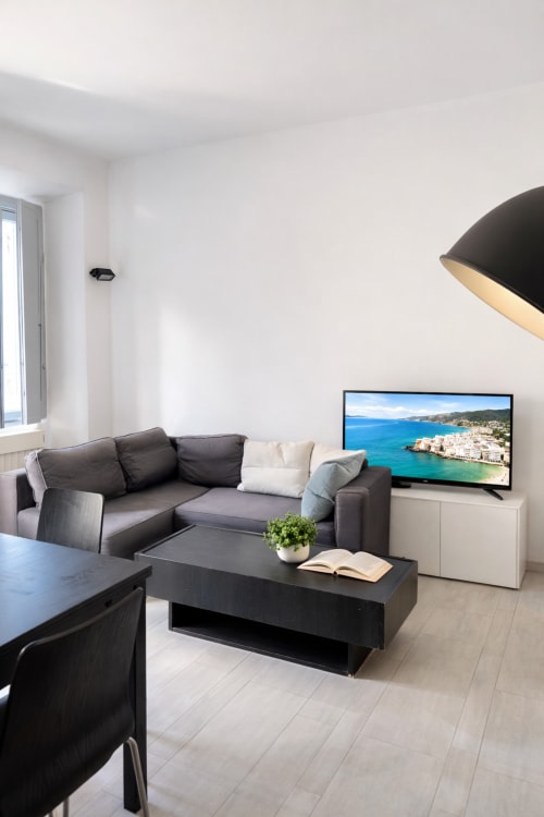 Modern living room with gray sofa, black coffee table, TV displaying coastal view, and pendant lamp in Milan apartment