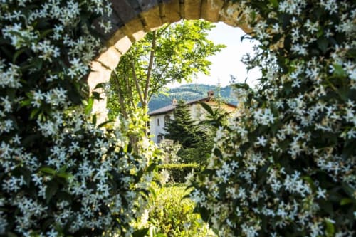 White flowering arch frames Agriturismo Colle Mura countryside estate in Gualdo Tadino, Italy