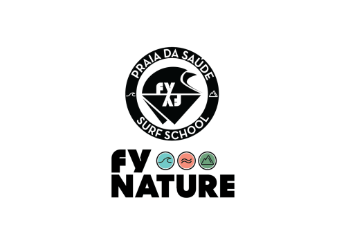 Logo da Escola de Surf FY Praia da Saúde e identidade visual FY Nature do hostel Vila Alexandra em Costa da Caparica