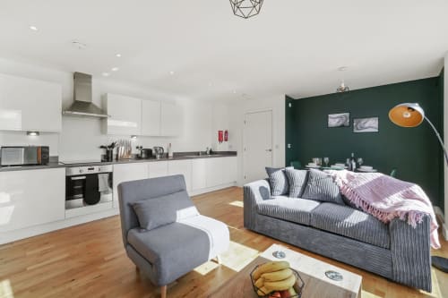 Modern luxury penthouse apartment in Stevenage with open-plan kitchen, living area, grey sofa, green feature wall and wooden