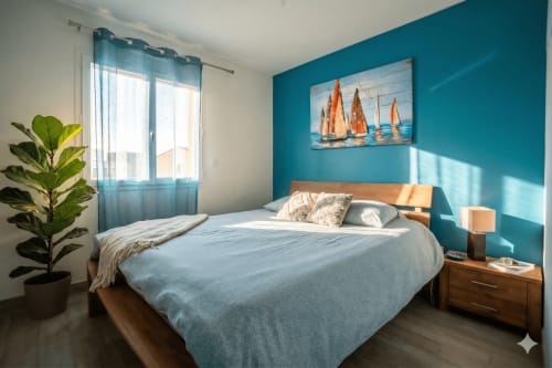 Chambre lumineuse avec mur turquoise, lit en bois, tableau de voilier et plante à la villa Chez Domi à Canet-en-Roussillon