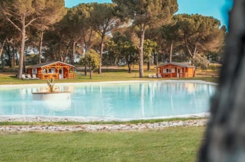 Chalet Do Lago bungalow with turquoise lake pool, red wooden cottages, tall pine trees, and manicured grounds in Montargil,