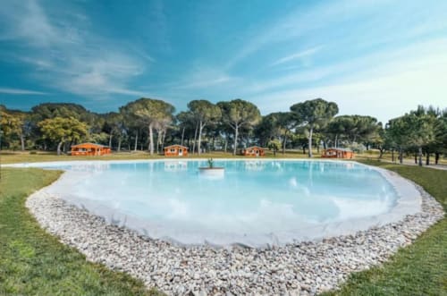 Chalet Do Lago's turquoise pool with orange bungalows and pine trees in Montargil, Portugal