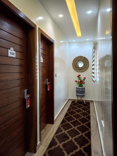 Couloir moderne de la Résidence Zebra à Bambilor avec portes en bois foncé, miroir décoratif, fleurs en pots et motifs