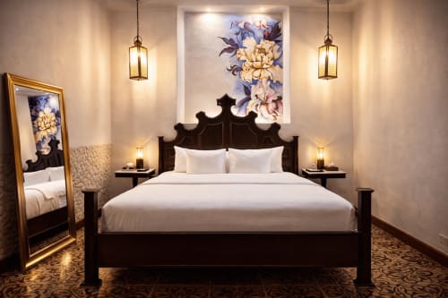 Elegant bedroom at Villa Merida Boutique Hotel featuring black ornate bed, white linens, floral artwork, brass pendant