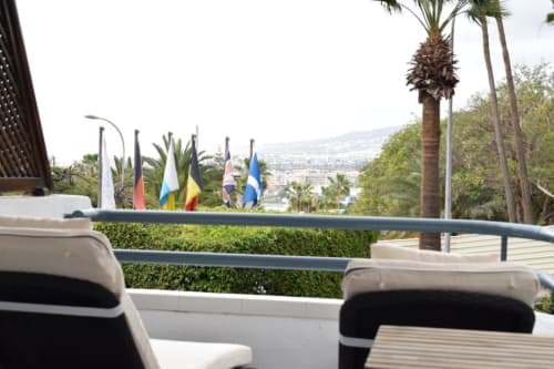 Modern terrace with city views, palm trees, and international flags overlooking Costa Adeje, Tenerife