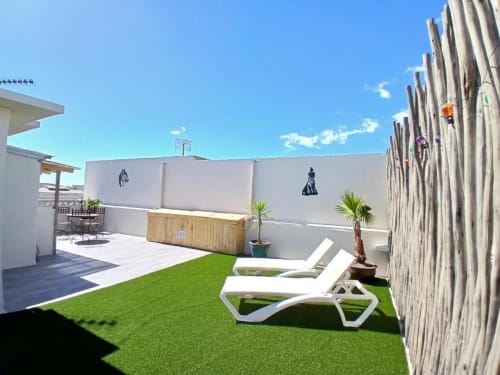 Rooftop terrace at Hôtel Quai d'Azur with lounge chairs, artificial grass, palm tree, and white walls in Le Grau-du-Roi